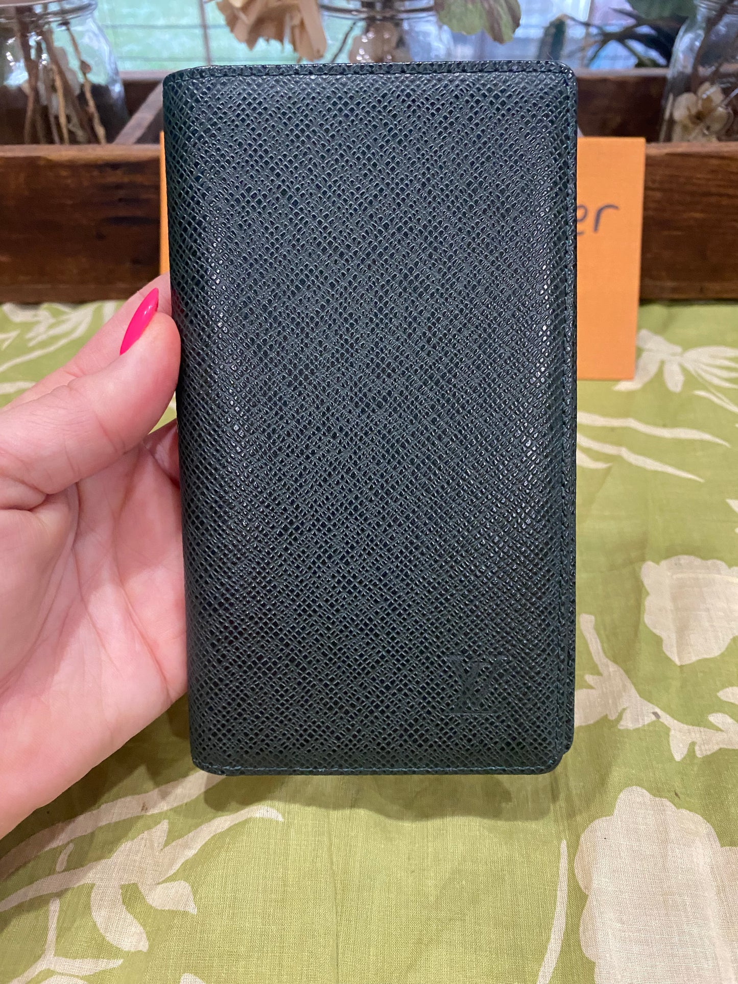 Checkbook Cover in green taiga leather