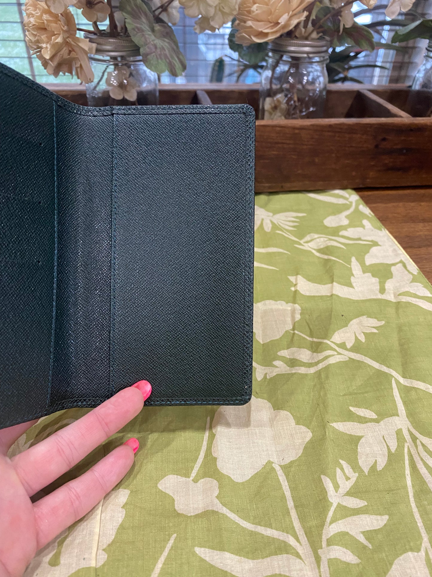 Checkbook Cover in green taiga leather