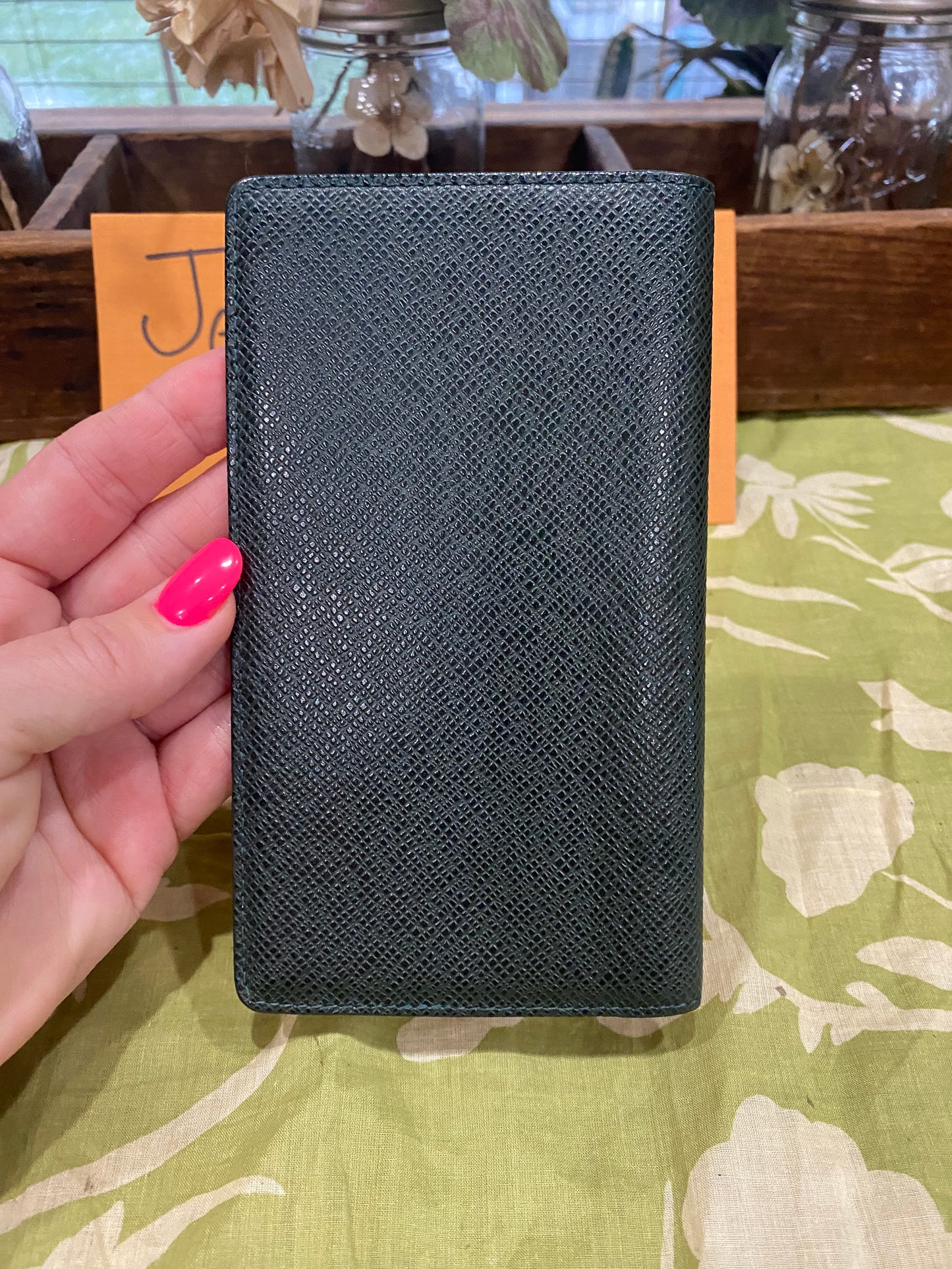 Checkbook Cover in green taiga leather